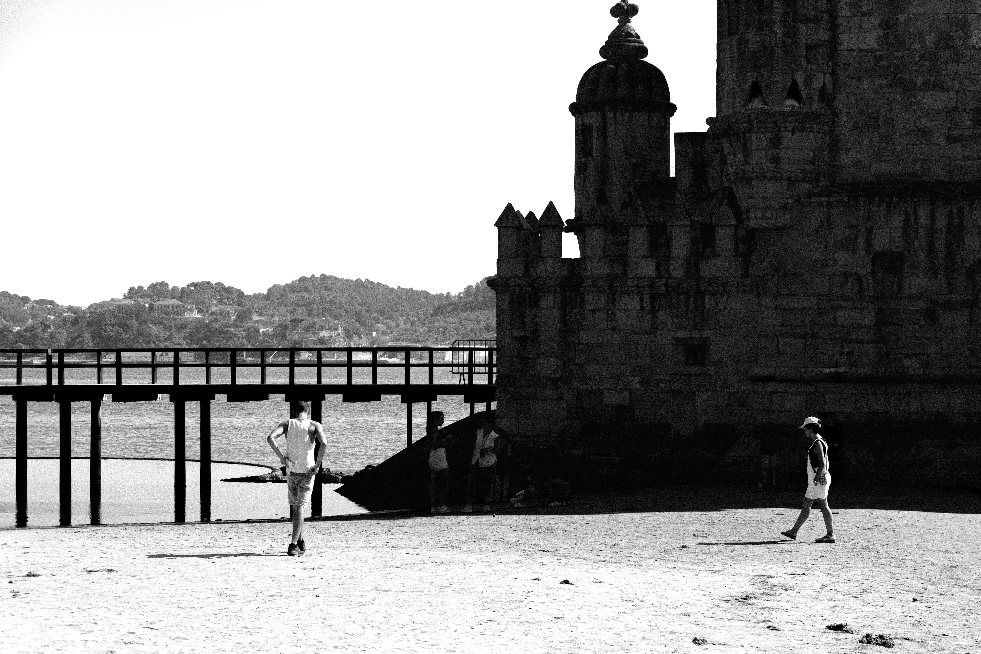Black and white architectural photography with people